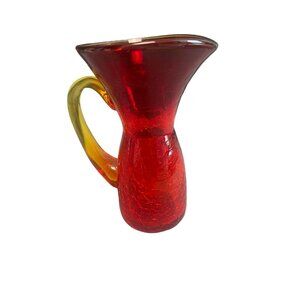 Vintage Crackle Red Glass Miniature Pitcher Vase with Yellow Handle